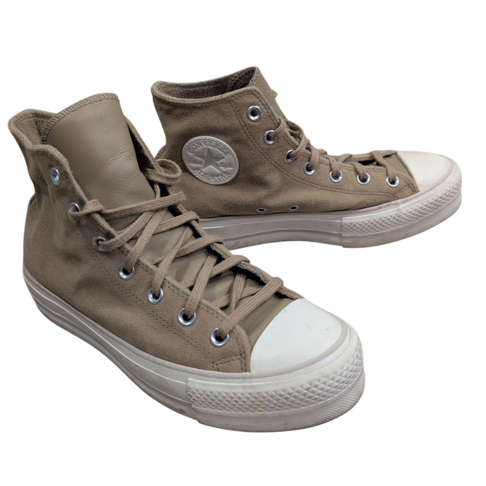 Converse All Star High Top Sneakers Gym Shoes Tan Leather Upper, Lift, Women's 9 - Picture 1 of 12